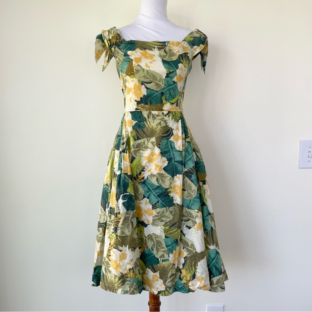 Emily & Fin 100% Cotton Retro Fit & Flare Botanical Floral Green Dress S Small